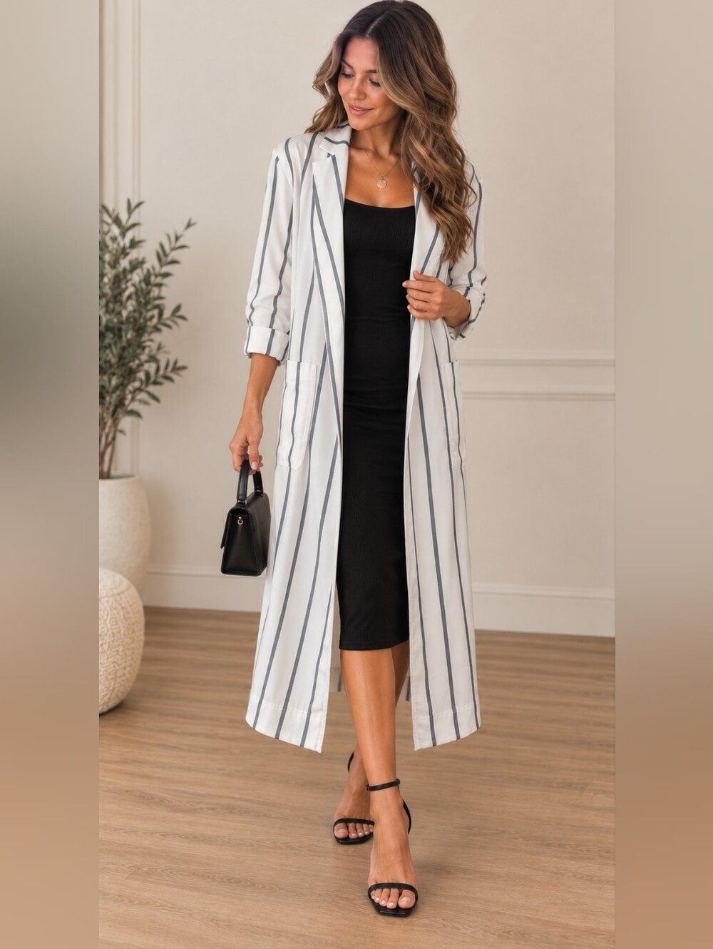 Babaton White Longline Striped Duster
